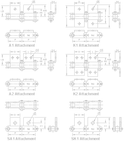 ANSI Double Pitch Stainless Steel Attachment Chains (A1 K1 A2 K2 SA1 SK1)